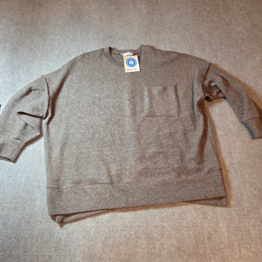 Zenana Womens Oversized Crewneck Pocket Sweatshirt Brown L XL HT-25041A NWT
